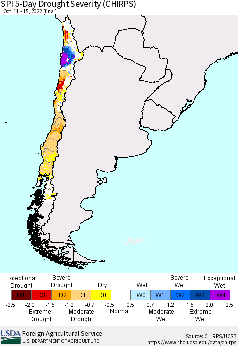 Chile SPI 5-Day Drought Severity (CHIRPS) Thematic Map For 10/11/2022 - 10/15/2022