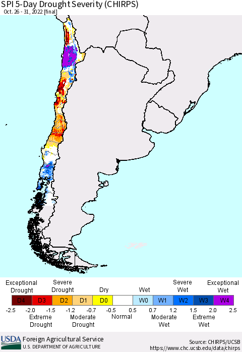 Chile SPI 5-Day Drought Severity (CHIRPS) Thematic Map For 10/26/2022 - 10/31/2022