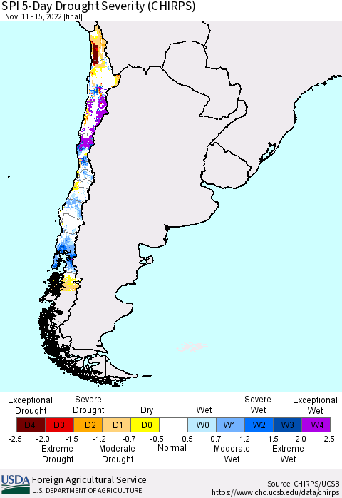 Chile SPI 5-Day Drought Severity (CHIRPS) Thematic Map For 11/11/2022 - 11/15/2022