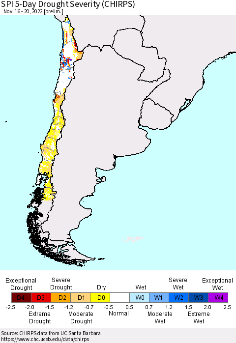 Chile SPI 5-Day Drought Severity (CHIRPS) Thematic Map For 11/16/2022 - 11/20/2022