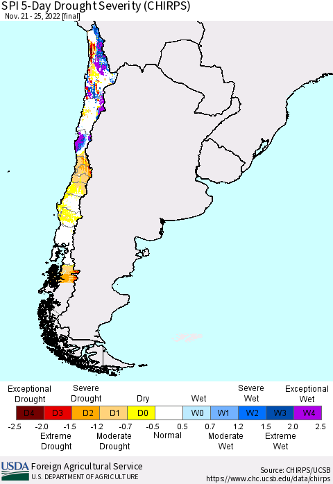 Chile SPI 5-Day Drought Severity (CHIRPS) Thematic Map For 11/21/2022 - 11/25/2022