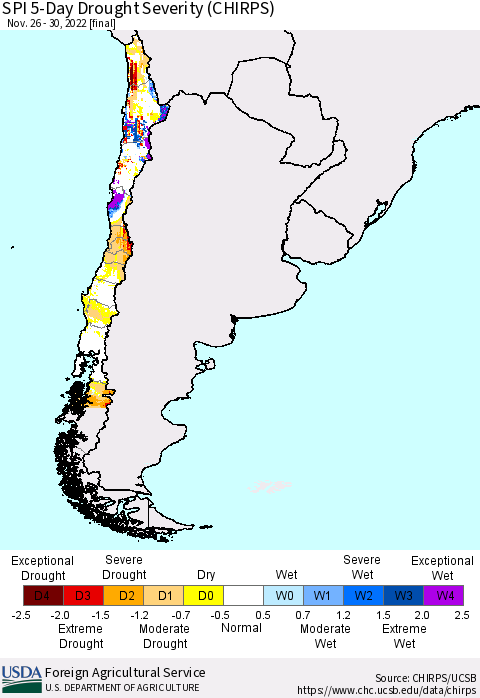 Chile SPI 5-Day Drought Severity (CHIRPS) Thematic Map For 11/26/2022 - 11/30/2022