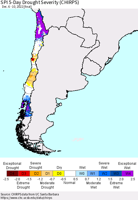 Chile SPI 5-Day Drought Severity (CHIRPS) Thematic Map For 12/6/2022 - 12/10/2022
