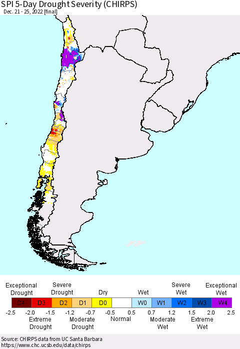Chile SPI 5-Day Drought Severity (CHIRPS) Thematic Map For 12/21/2022 - 12/25/2022