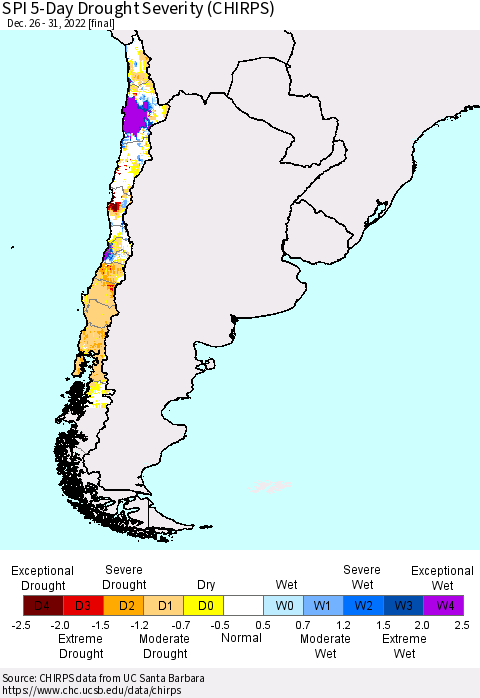 Chile SPI 5-Day Drought Severity (CHIRPS) Thematic Map For 12/26/2022 - 12/31/2022