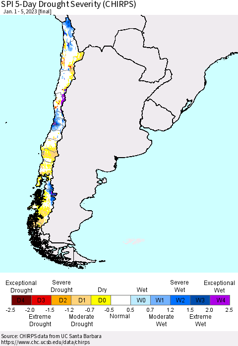 Chile SPI 5-Day Drought Severity (CHIRPS) Thematic Map For 1/1/2023 - 1/5/2023