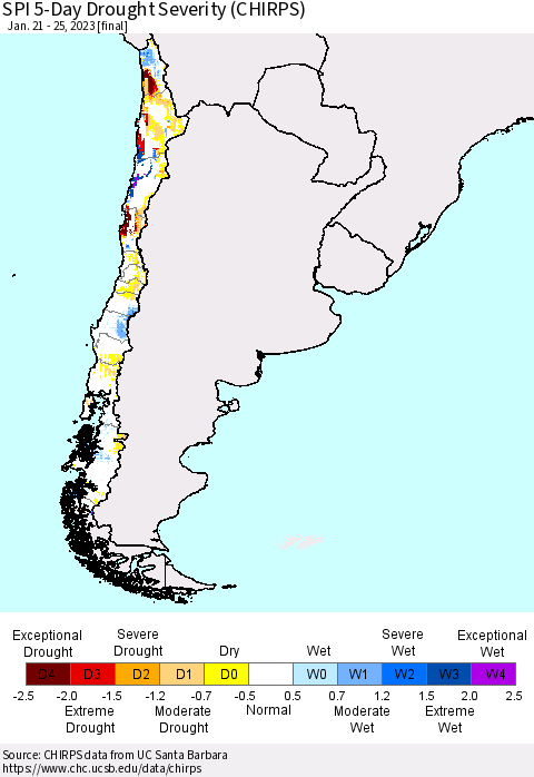 Chile SPI 5-Day Drought Severity (CHIRPS) Thematic Map For 1/21/2023 - 1/25/2023