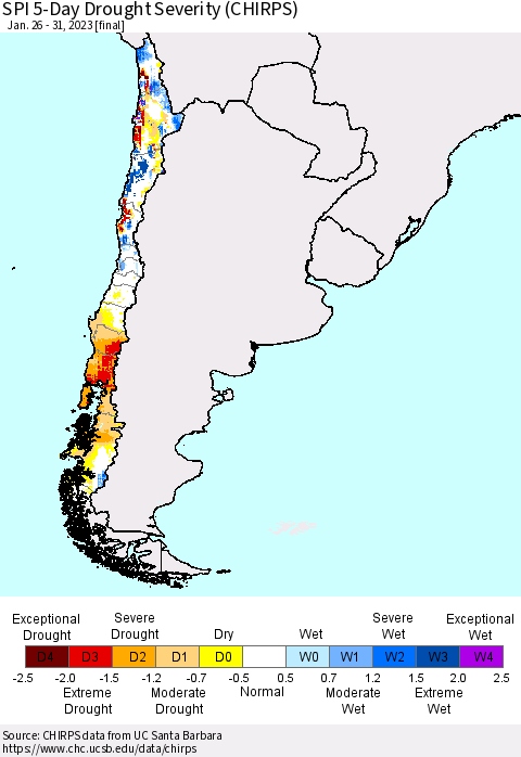 Chile SPI 5-Day Drought Severity (CHIRPS) Thematic Map For 1/26/2023 - 1/31/2023
