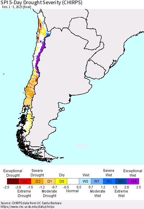 Chile SPI 5-Day Drought Severity (CHIRPS) Thematic Map For 2/1/2023 - 2/5/2023