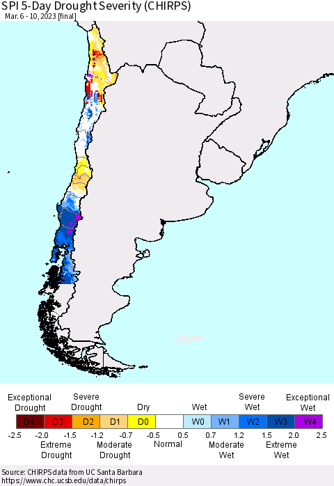 Chile SPI 5-Day Drought Severity (CHIRPS) Thematic Map For 3/6/2023 - 3/10/2023