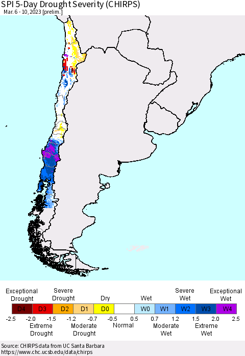 Chile SPI 5-Day Drought Severity (CHIRPS) Thematic Map For 3/6/2023 - 3/10/2023
