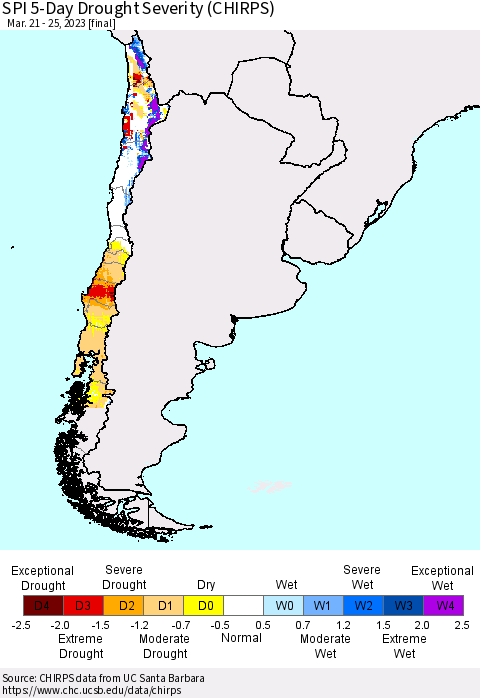 Chile SPI 5-Day Drought Severity (CHIRPS) Thematic Map For 3/21/2023 - 3/25/2023