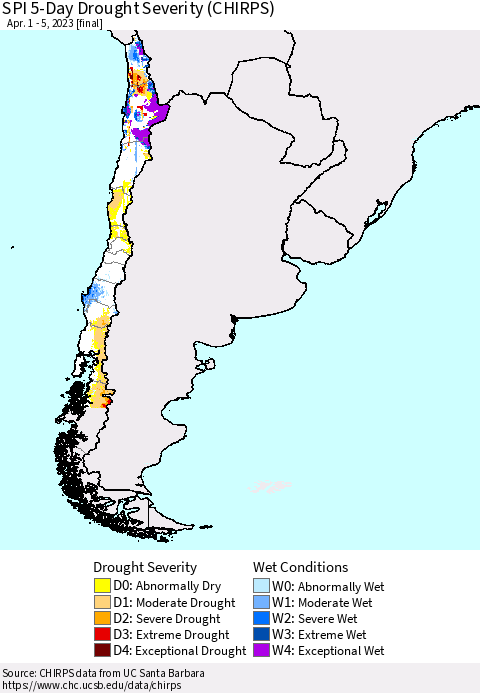 Chile SPI 5-Day Drought Severity (CHIRPS) Thematic Map For 4/1/2023 - 4/5/2023