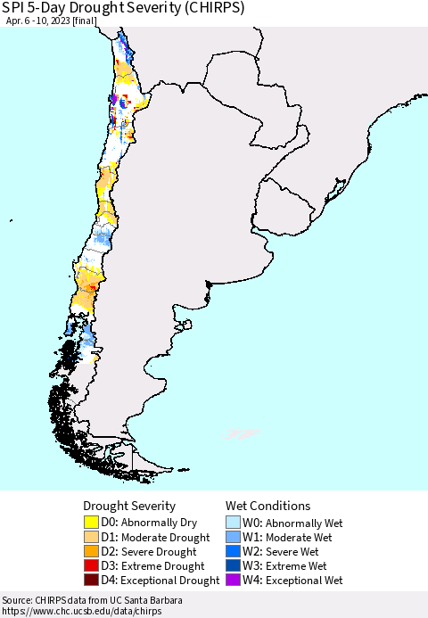 Chile SPI 5-Day Drought Severity (CHIRPS) Thematic Map For 4/6/2023 - 4/10/2023