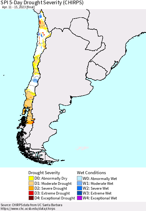 Chile SPI 5-Day Drought Severity (CHIRPS) Thematic Map For 4/11/2023 - 4/15/2023