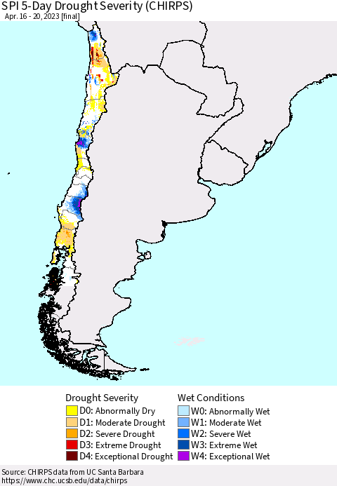 Chile SPI 5-Day Drought Severity (CHIRPS) Thematic Map For 4/16/2023 - 4/20/2023