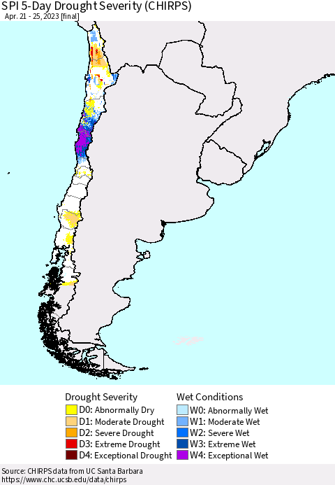 Chile SPI 5-Day Drought Severity (CHIRPS) Thematic Map For 4/21/2023 - 4/25/2023