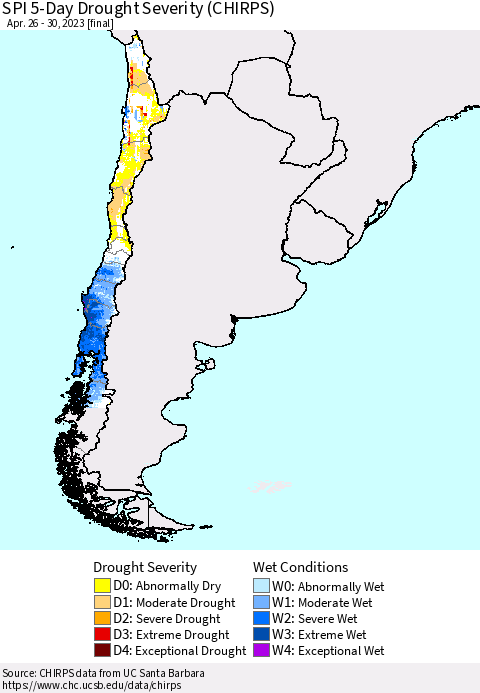 Chile SPI 5-Day Drought Severity (CHIRPS) Thematic Map For 4/26/2023 - 4/30/2023