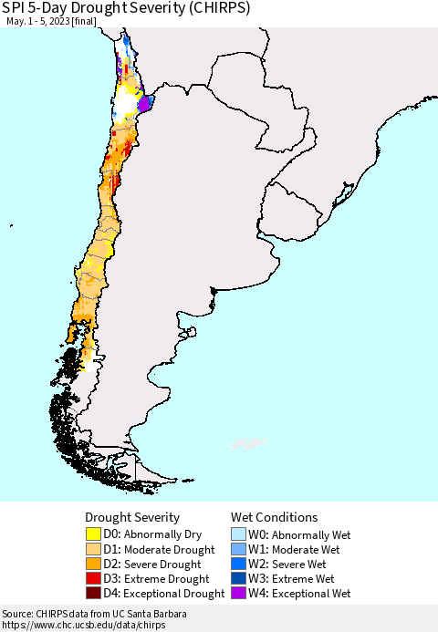 Chile SPI 5-Day Drought Severity (CHIRPS) Thematic Map For 5/1/2023 - 5/5/2023
