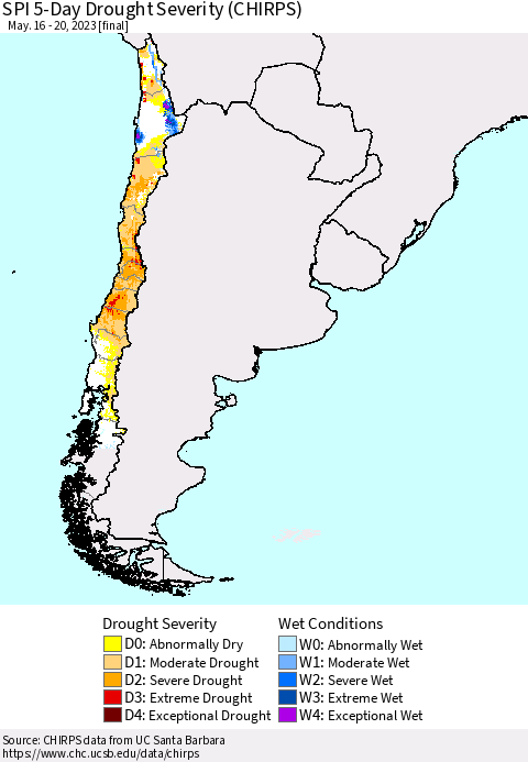 Chile SPI 5-Day Drought Severity (CHIRPS) Thematic Map For 5/16/2023 - 5/20/2023