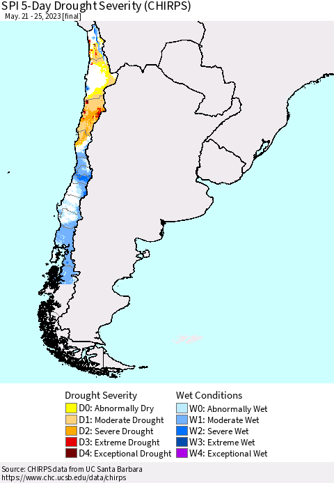 Chile SPI 5-Day Drought Severity (CHIRPS) Thematic Map For 5/21/2023 - 5/25/2023