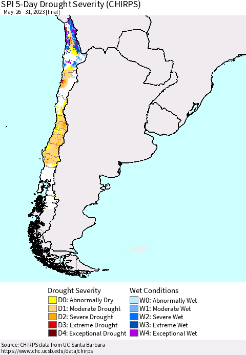 Chile SPI 5-Day Drought Severity (CHIRPS) Thematic Map For 5/26/2023 - 5/31/2023
