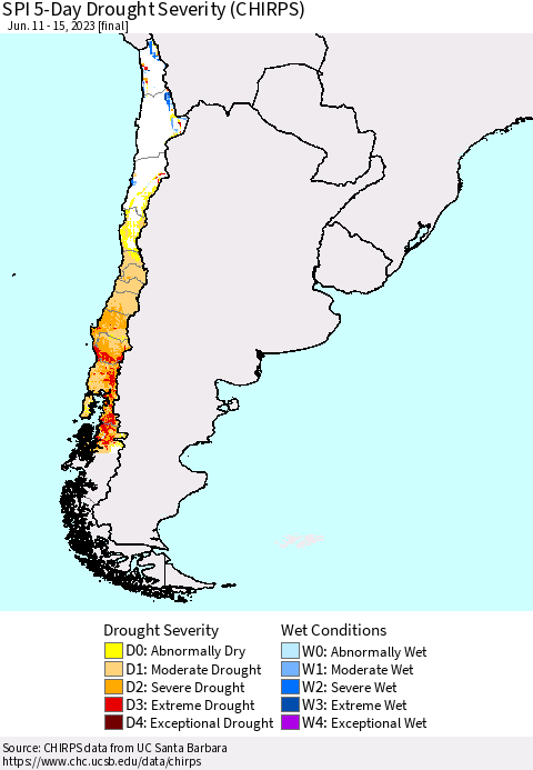 Chile SPI 5-Day Drought Severity (CHIRPS) Thematic Map For 6/11/2023 - 6/15/2023