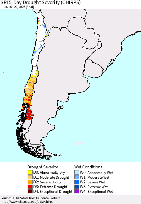 Chile SPI 5-Day Drought Severity (CHIRPS) Thematic Map For 6/16/2023 - 6/20/2023