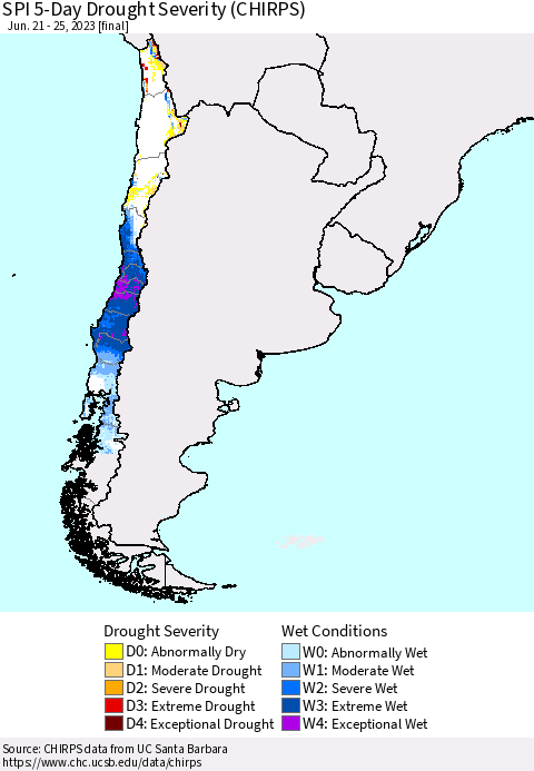 Chile SPI 5-Day Drought Severity (CHIRPS) Thematic Map For 6/21/2023 - 6/25/2023