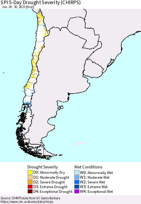 Chile SPI 5-Day Drought Severity (CHIRPS) Thematic Map For 6/26/2023 - 6/30/2023
