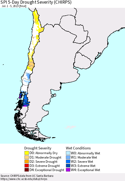 Chile SPI 5-Day Drought Severity (CHIRPS) Thematic Map For 7/1/2023 - 7/5/2023
