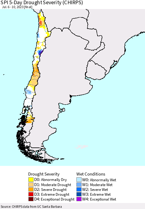 Chile SPI 5-Day Drought Severity (CHIRPS) Thematic Map For 7/6/2023 - 7/10/2023