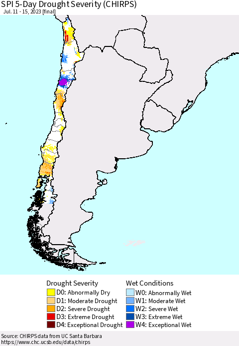 Chile SPI 5-Day Drought Severity (CHIRPS) Thematic Map For 7/11/2023 - 7/15/2023