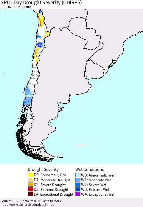 Chile SPI 5-Day Drought Severity (CHIRPS) Thematic Map For 7/16/2023 - 7/20/2023