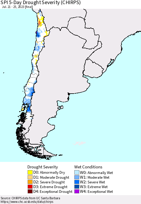 Chile SPI 5-Day Drought Severity (CHIRPS) Thematic Map For 7/21/2023 - 7/25/2023