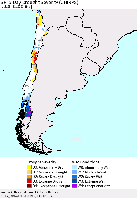 Chile SPI 5-Day Drought Severity (CHIRPS) Thematic Map For 7/26/2023 - 7/31/2023