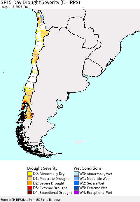 Chile SPI 5-Day Drought Severity (CHIRPS) Thematic Map For 8/1/2023 - 8/5/2023