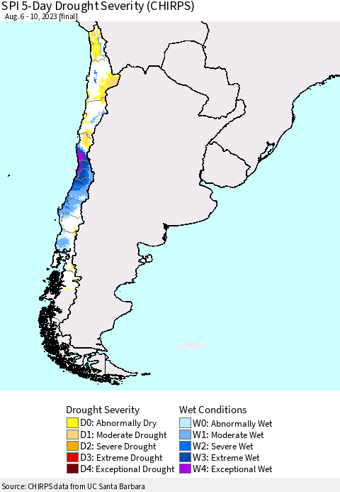 Chile SPI 5-Day Drought Severity (CHIRPS) Thematic Map For 8/6/2023 - 8/10/2023