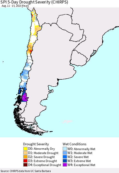 Chile SPI 5-Day Drought Severity (CHIRPS) Thematic Map For 8/11/2023 - 8/15/2023