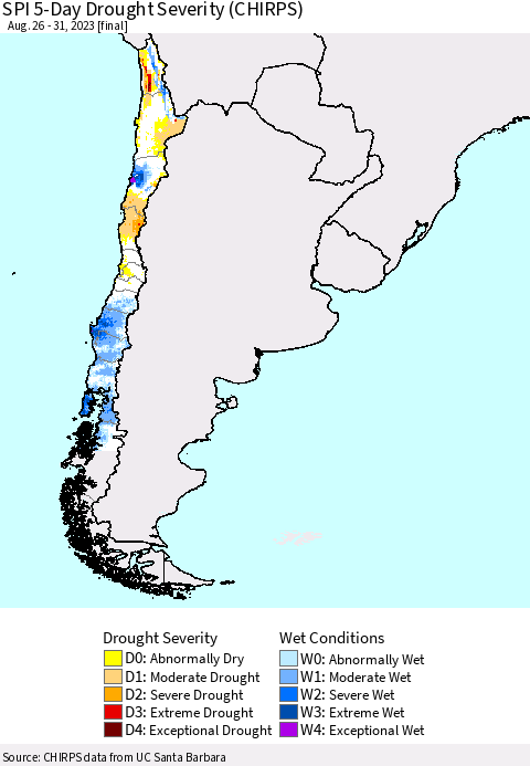 Chile SPI 5-Day Drought Severity (CHIRPS) Thematic Map For 8/26/2023 - 8/31/2023