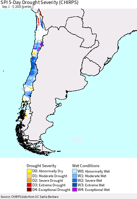 Chile SPI 5-Day Drought Severity (CHIRPS) Thematic Map For 9/1/2023 - 9/5/2023