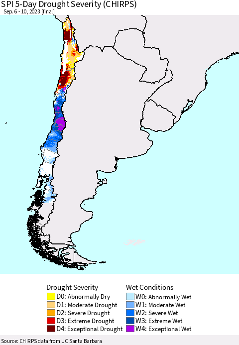 Chile SPI 5-Day Drought Severity (CHIRPS) Thematic Map For 9/6/2023 - 9/10/2023