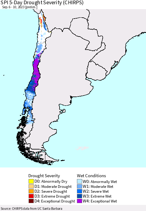 Chile SPI 5-Day Drought Severity (CHIRPS) Thematic Map For 9/6/2023 - 9/10/2023