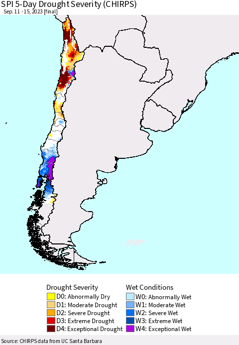 Chile SPI 5-Day Drought Severity (CHIRPS) Thematic Map For 9/11/2023 - 9/15/2023