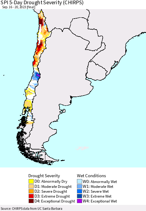 Chile SPI 5-Day Drought Severity (CHIRPS) Thematic Map For 9/16/2023 - 9/20/2023