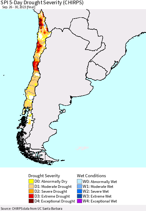 Chile SPI 5-Day Drought Severity (CHIRPS) Thematic Map For 9/26/2023 - 9/30/2023
