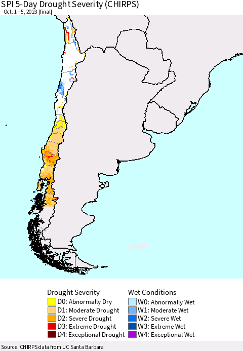 Chile SPI 5-Day Drought Severity (CHIRPS) Thematic Map For 10/1/2023 - 10/5/2023