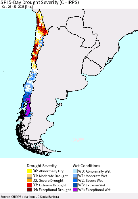 Chile SPI 5-Day Drought Severity (CHIRPS) Thematic Map For 10/26/2023 - 10/31/2023