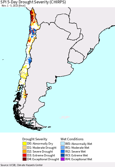Chile SPI 5-Day Drought Severity (CHIRPS) Thematic Map For 11/1/2023 - 11/5/2023