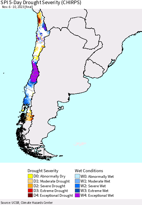 Chile SPI 5-Day Drought Severity (CHIRPS) Thematic Map For 11/6/2023 - 11/10/2023